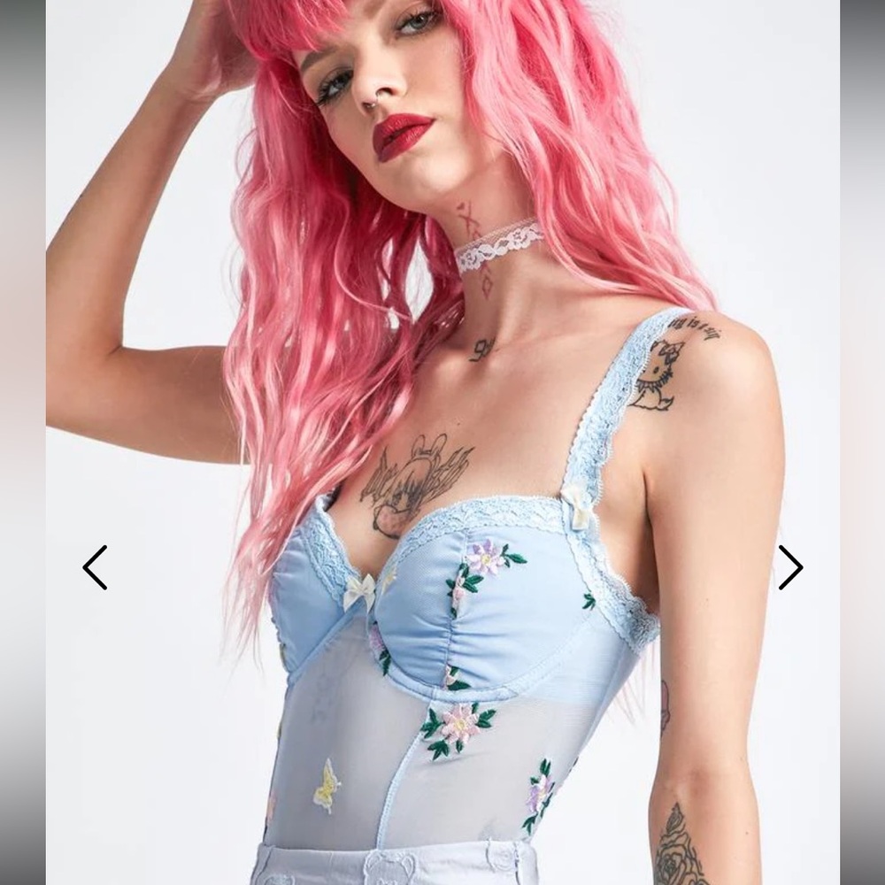 Delia’s light blue mesh/sheer crop top with floral embroidery, size XXL